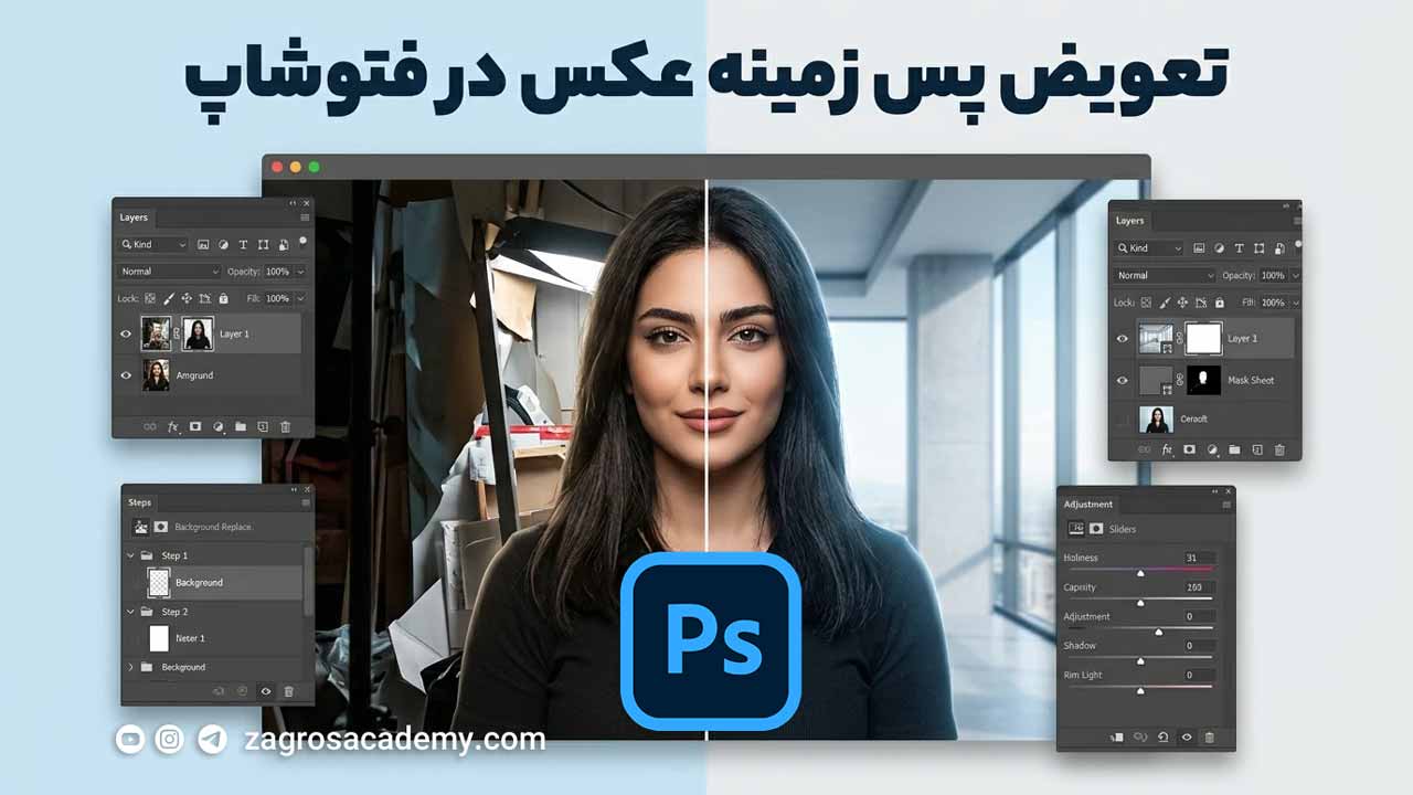 تعویض پس‌زمینه عکس در فتوشاپ _ آموزش نورپردازی و ایجاد سایه طبیعی آکادمی زاگرس