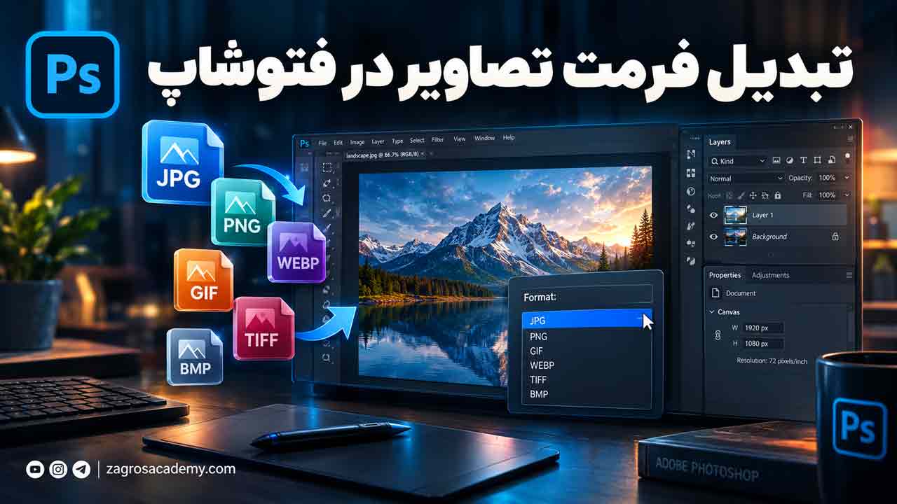 تبدیل فرمت تصاویر در فتوشاپ؛ آموزش JPG، PNG، WebP و TIFF آکادمی زاگرس
